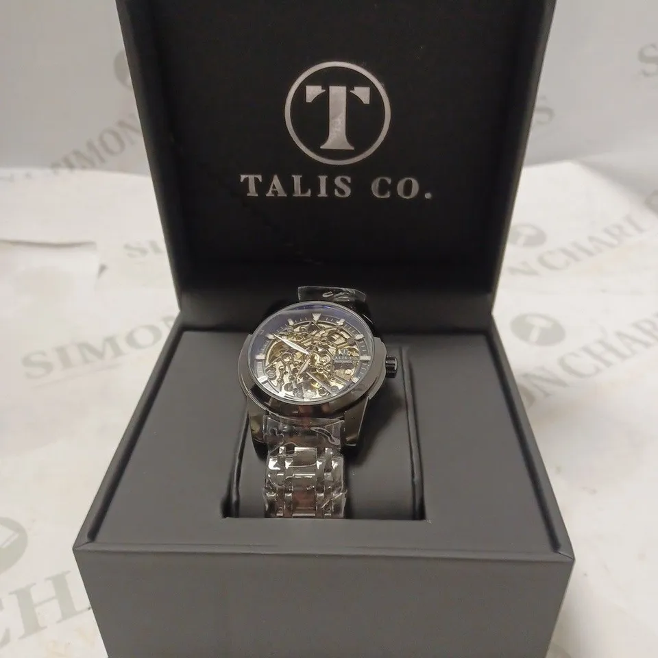 MEN’S TALIS CO 7820 AUTOMATIC WATCH – BLACK SKELETON DIAL AND CASE – STAINLESS STEEL STRAP – GLASS BACKCASE