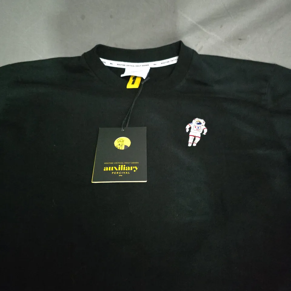 PERCIVAL AUXILIARY T SHIRT – BLACK, ASTRONAUT EMBROIDERED LOGO, UK SIZE L
