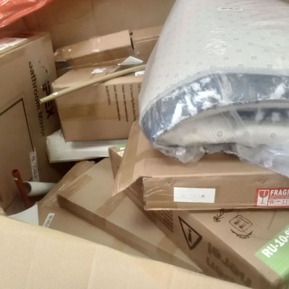 PALLET OF ASSORTED ITEMS INCLUDING FURDUZZ LED MIRROR, TATKRAFT AIRER HANGER STAND, PEPE BEDSIDE COMMODE, ROUND BALLOON ARCH STAND, FOLDING CAMPING CHAIR 