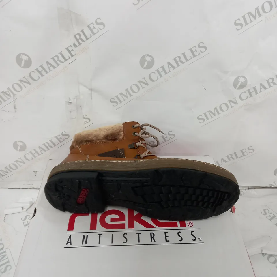 BOXED PAIR OF RIEKER LACE UP ANKLE BOOTS - TAN - UK SIZE 7.5
