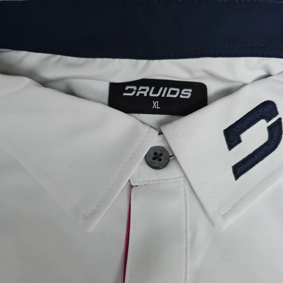 DRUIDS STRIPE POLO SHIRT – WHITE/NAVY – UK XL