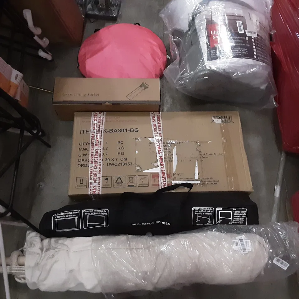 PALLET OF ASSORTED PRODUCTS INCLUDING ASTROAI MINI FRIDGE, MISIKI FOOTBATH, PROJECTOR SCREEN, HAMMOCK CHAIR, SMART LIFTING SOCKET, AIR COOLER