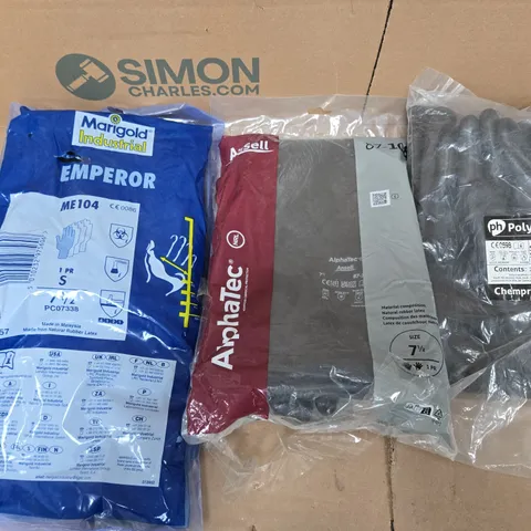 APPROXIMATELY 20 PAIRS OF ASSORTED SAFETY GLOVES TO INCLUDE MARIGOLD INDUSTRIAL EMPEROR GLOVES, ANSELL ALPHATEC, PH POLYCO CHEMPROTEC, ETC