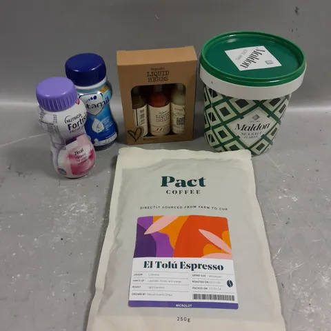 APPROXIMATELY 15 ASSORTED FOOD/DRINK PRODUCTS TO INCLUDE MALDON SEA SALT FLAKES, PACT COFFEE, LIQUID HERBS ETC
