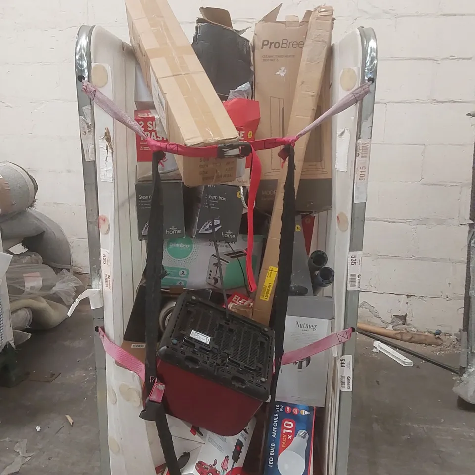 CAGE CONTAINING A LARGE QUANTITY OF ASSORTED ITEMS INCLUDING: MORPHY RICHARDS TOASTER, STEAM IRONS, SANDWICH TOASTER, CERAMIC TOWER HEATER ECT // CAGE NOT INCLUDED
