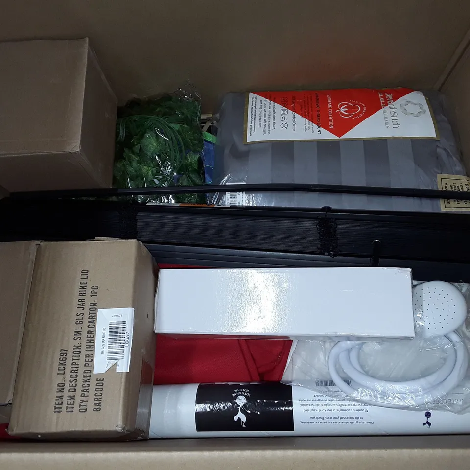 LARGE QUANTITY OF ASSORTED HOUSEHOLD ITEMS TO INCLUDE WOOD CHISEL, BOXING HEAD GUARD, EVERGREEN FAST GRASS AND HOME FABRICS 