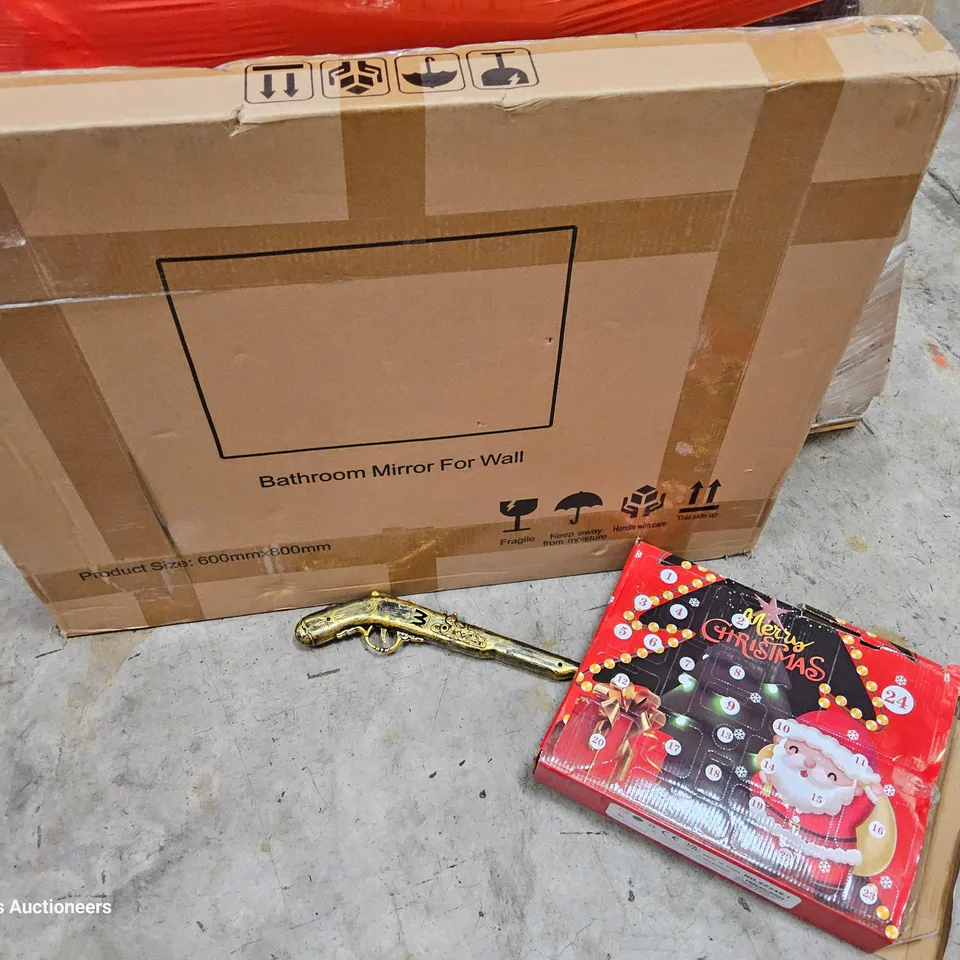PALLET OF ASSORTED ITEMS TO INCLUDE, ELECTRIC BLANKET, BATHROOM WALL MIRROR, ADVENT CALENDAR, WALKING STICK, TOY PIANO,