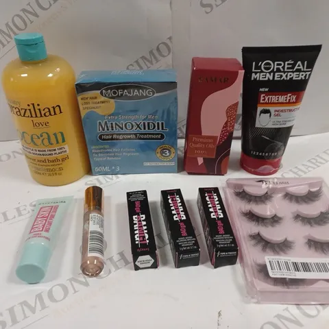 BOX OF APPROXIMATELY 20 ASSORTED COSMETIC ITEMS TO INCLUDE BTLLSSH EYELASHES, SAMAR PREMIUM OILS, SUNNY BRAZILIAN BATH GEL ETC