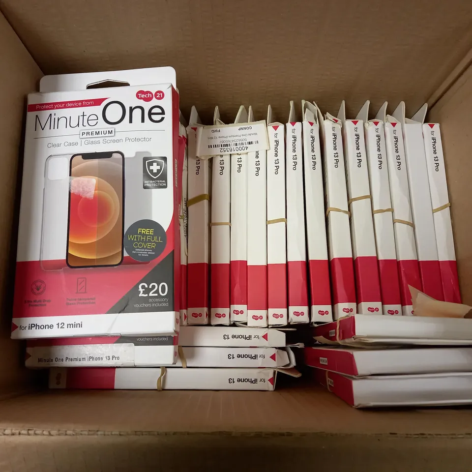 BOX OF APPROX 20 TECH 21 MINUTE ONE PREMIUM PHONE CASE AND SCREEN PROTECTOR FOR ASSORTED PHONES