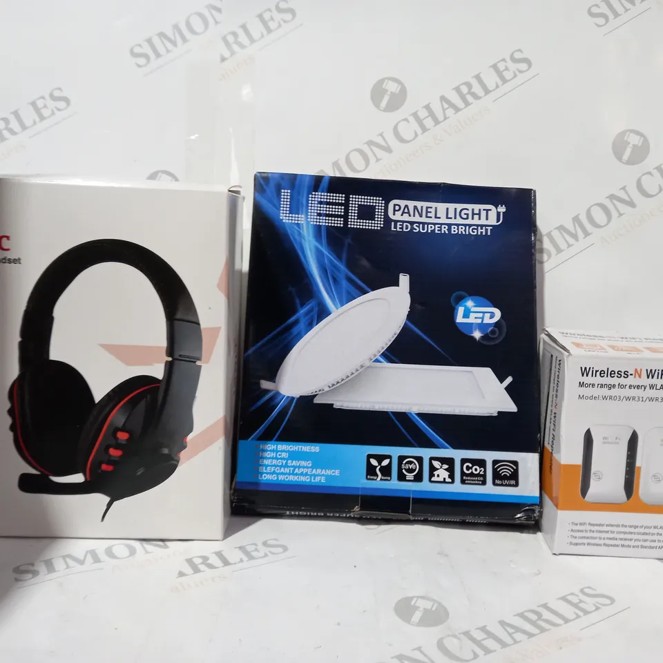 BOX OF APPROXIMATELY 10 ASSORTED HOUSEHOLD ITEMS TO INCLUDE WIRELESS WIFI REPEATER, LED PANEL LIGHT, IBRIT STEREO GAMING HEADSET, ETC