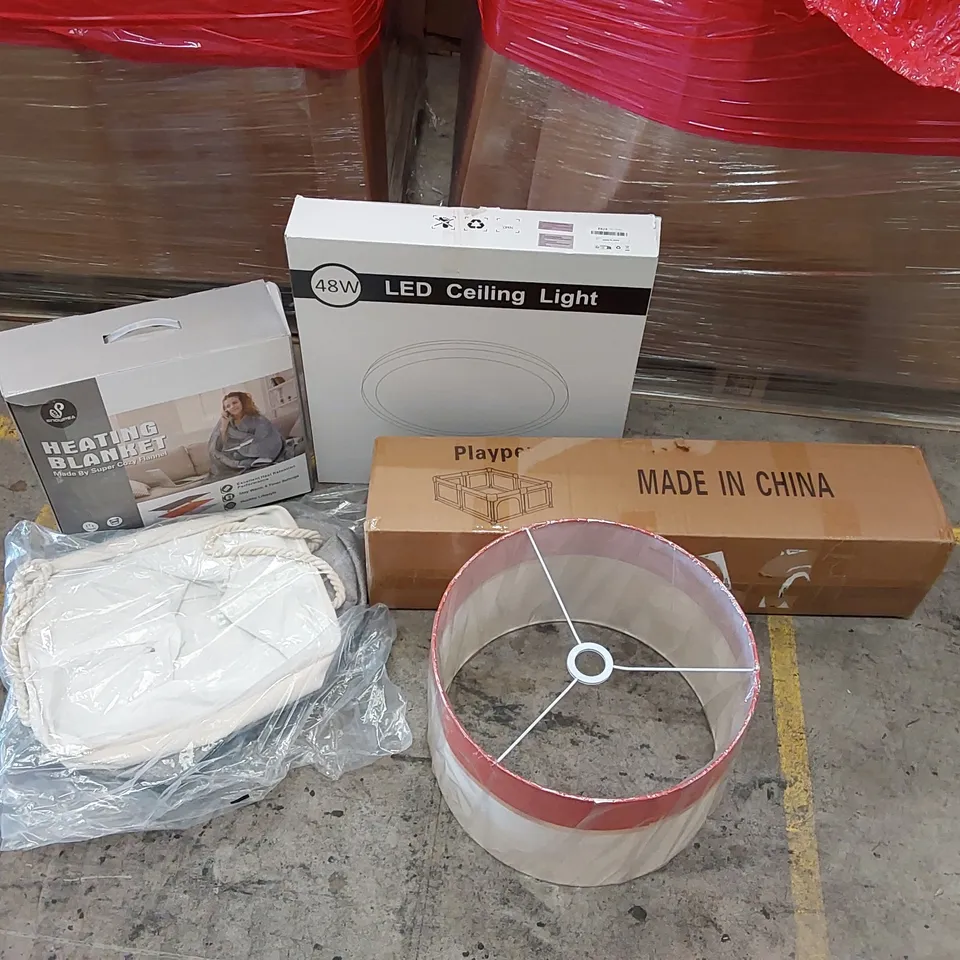 PALLET OF ASSORTED ITEMS INCLUDING: HEATED BLANKET, LED CEILING LIGHT, PLAYPEN, LAUNDRY BASKET, LAMPSHADE 