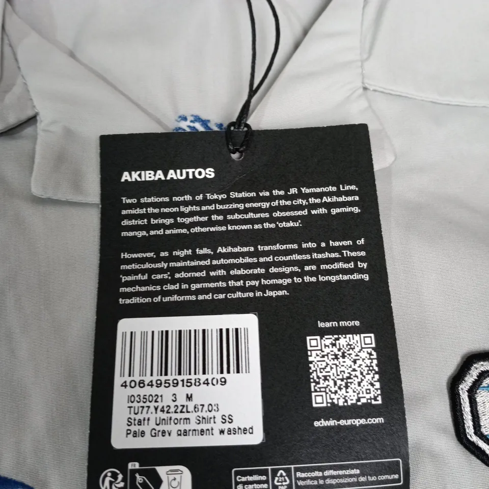 EDWIN STAFF UNIFORM SHIRT – LIGHT GREY, M, WITH AKIBA AUTOS & TOKYO CREATIVE HARDWARE EMBROIDERY