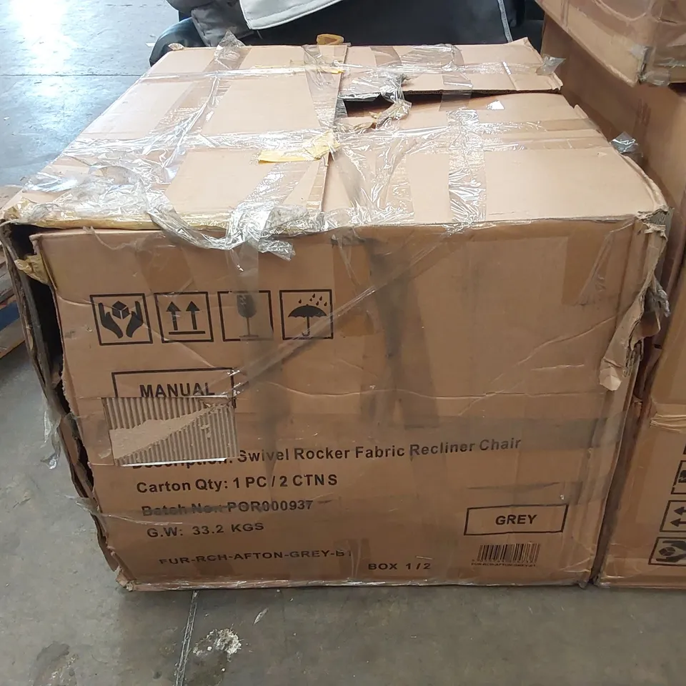 BOXED SWIVEL ROCKER FABRIC RECLINER CHAIR - GREY (INCOMPLETE, BOX 1 OF 2 ONLY)