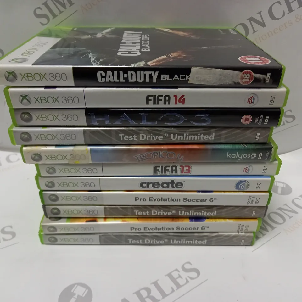 APPROXIMATELY 11 ASSORTED XBOX 360 VIDEO GAMES TO INCLUDE CALL OF DUTY BLACKOPS, FIFA 14, HALO 3, ETC
