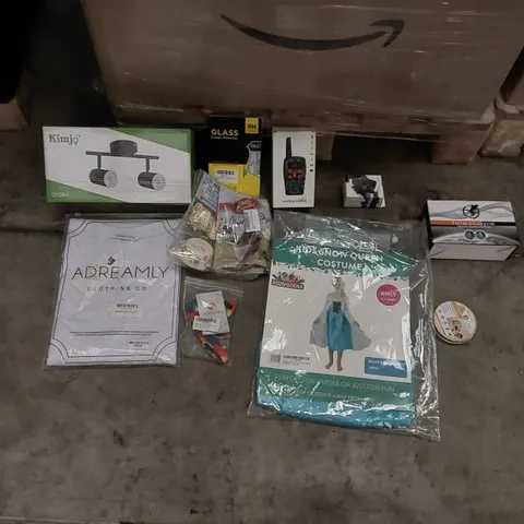PALLET OF ASSORTED ITEMS INCLUDING: LED CEILING LIGHTS, WALKIE-TALKIES, TELESCOPE, MAGNETIC CAR MOUNT, KIDS COSTUMES, GLASS PHONE SCREEN PROTECTOR, WOMEN'S CLOTHING, BAKING KIT, DOG COLLAR