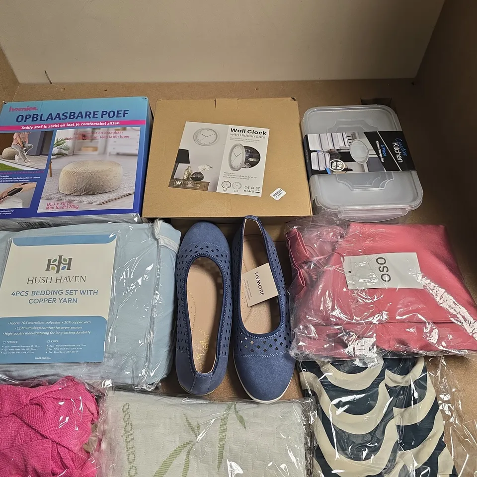 ASSORTED HOME & LIVING BUNDLE: BEDDING SET, WALL CLOCK WITH HIDDEN SAFE, STORAGE BOX, INFLATABLE POUF & BLUE FLATS (NEW)