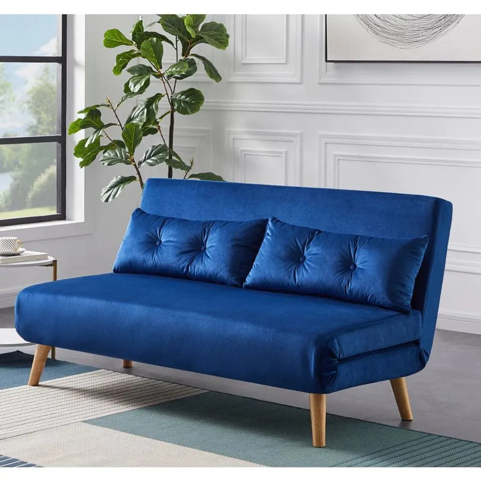 BOXED VELVET FOLDABLE SOFA BED 145cm WITH 2 TOSS PILLOWS BLUE