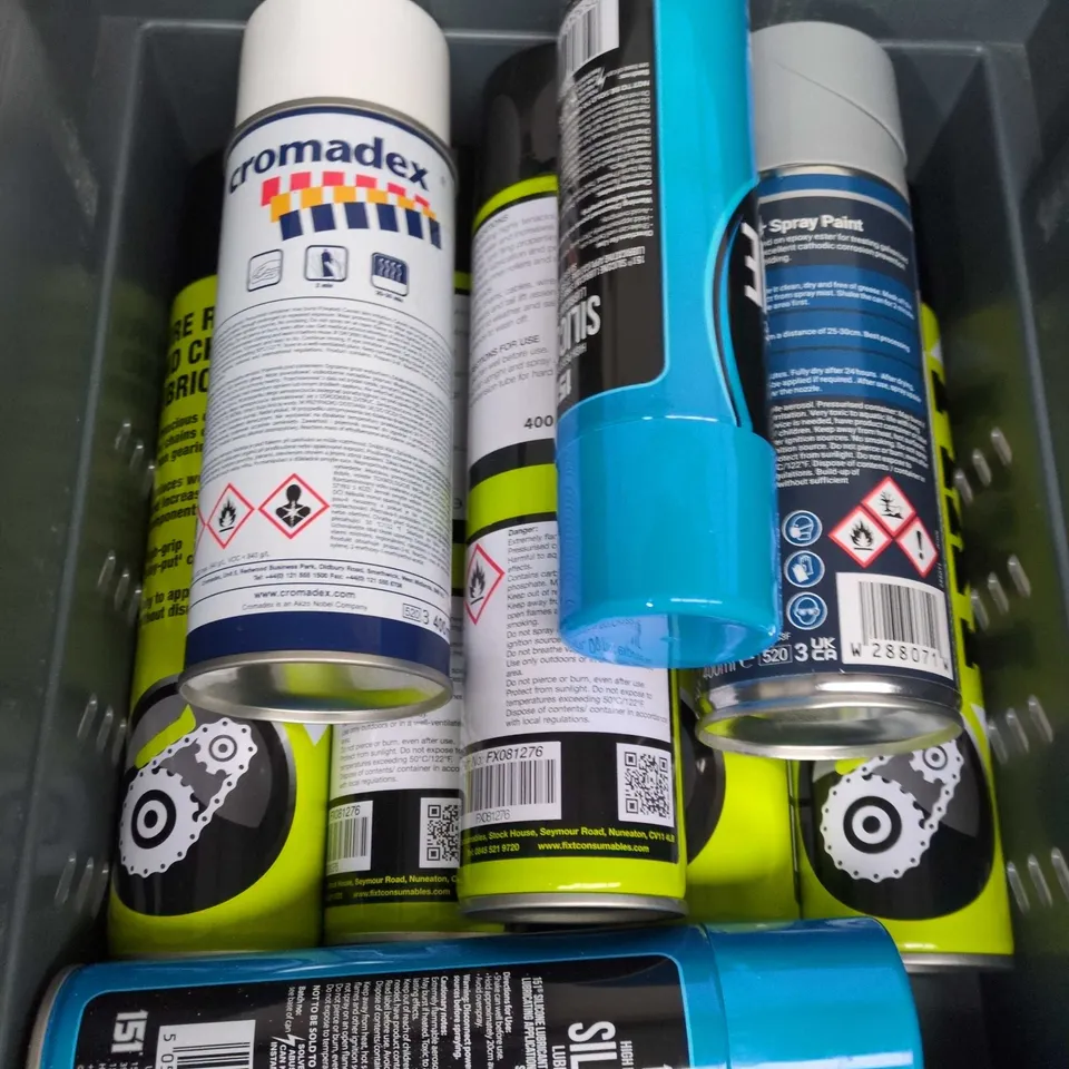 APPROXIMATELY 10 ASSORTED AEROSOLS TO INCLUDE SILICONE SPRAY, SPRAY PAINT, LUBRICANT ETC 
