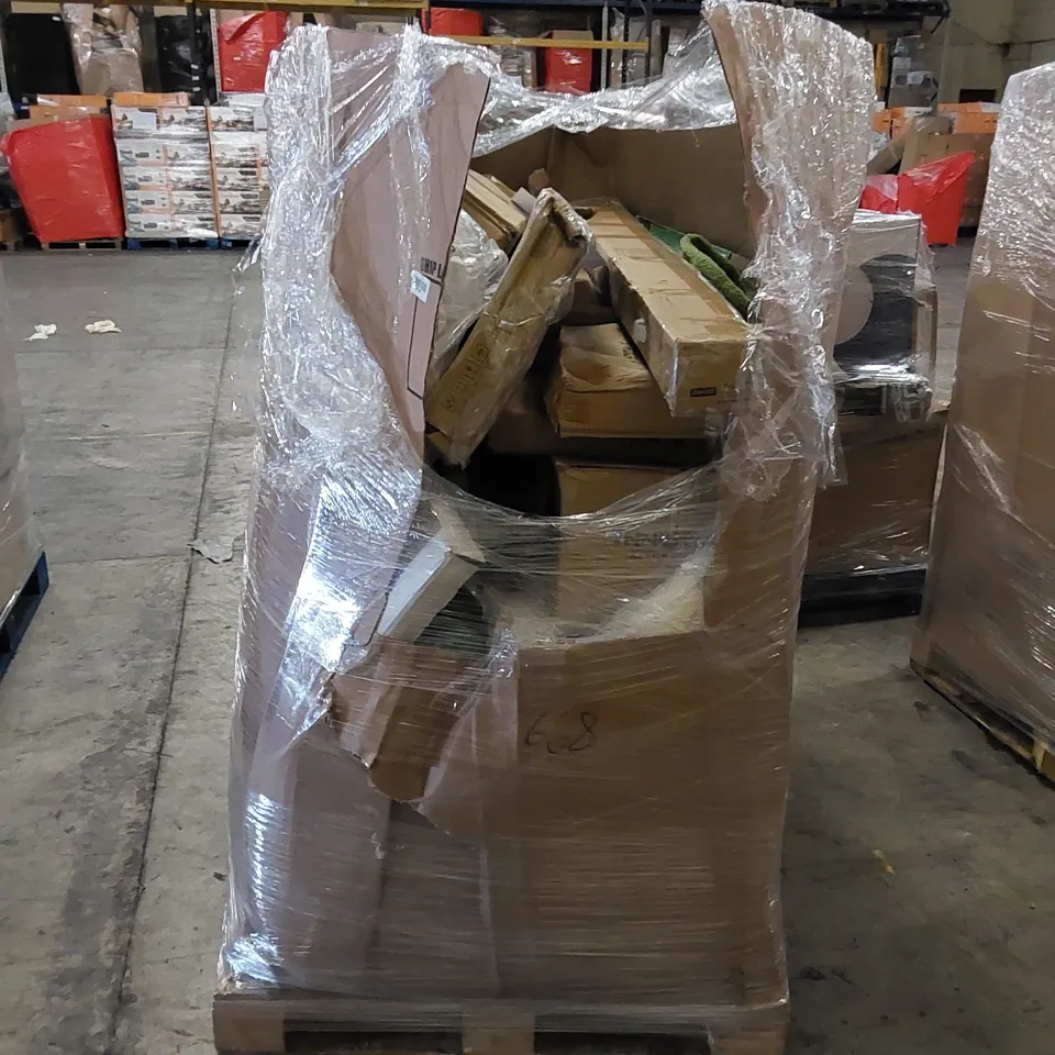 PALLET TO CONTAIN AN ASSORTMENT OF HOUSEHOLD ITEMS. INCLUDES WALL CLOCK, BATHROOM FLOOR CABINET, TODDLER BED ETC