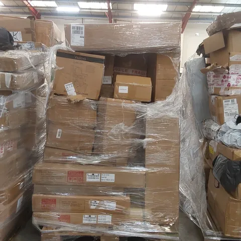 PALLET CONTAINING A LARGE ASSORTMENT OF CONSUMER PRODUCTS INCLUDING: BATHROOM MIRRORS, BABY BOOSTER CHAIR ECT
