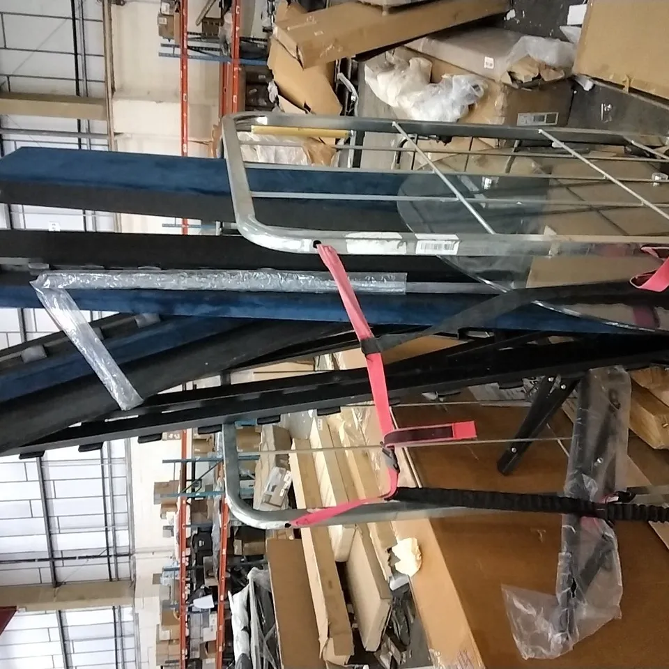 CAGE OF ASSORTED FURNITURE PARTS INCLUDING BLUE VELVET SIDE RAILS AND GLASS TABLE TOP