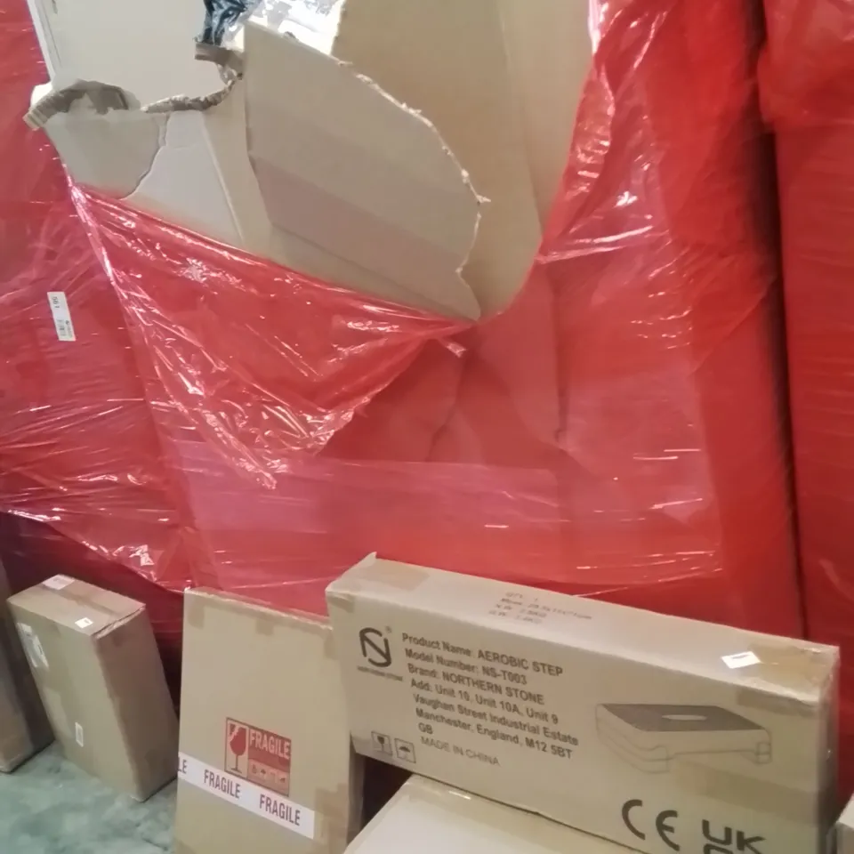 PALLET OF ASSORTED HOUSEHOLD GOODS AND PRODUCTS TO INCLUDE;PICTURE FRAME,RECORD PLAYER,AEROBIC STEP
