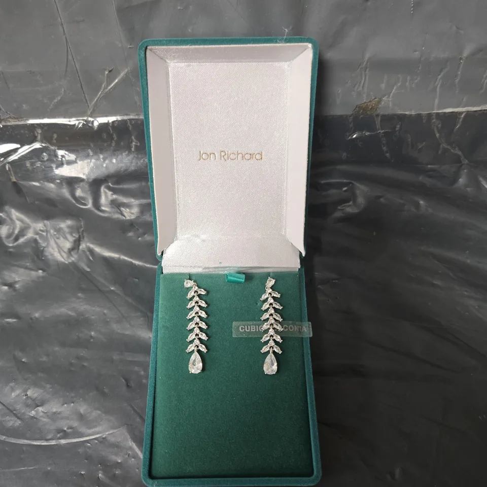 JON RICHARD RHODIUM PLATED CUBIC ZIRCONIA LEAF EARRINGS - GIFT BOXED
