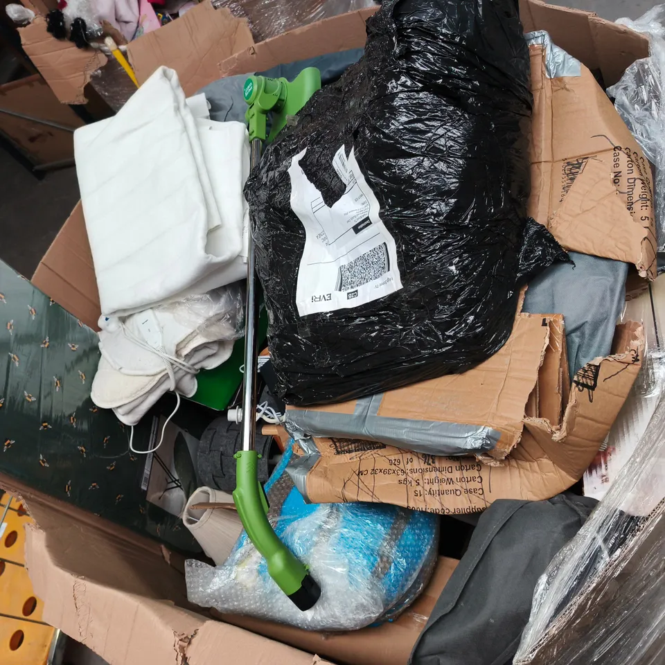 PALLET CONTAINING LARGE QUANTITY OF HOUSEHOLD ITEMS TOO INCLUDE DAMAGED LAMPS , AIR MATTRESS , GARDEN TOOLS , ETC 