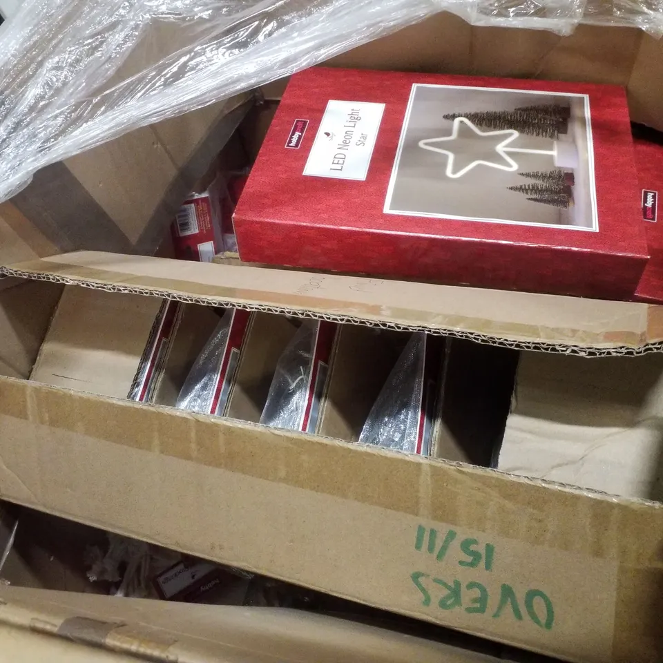 PALLET CONTAINING ASSORTED CHRISTMAS  DECORATIONS INCLUDING PAINT BY NUMBERS SETS, LED STAR NEON LIGHTS, MIRROR BALL LED LIGHTS, MACHE GINGERBREAD HOUSES & DIY SNOWGLOBES