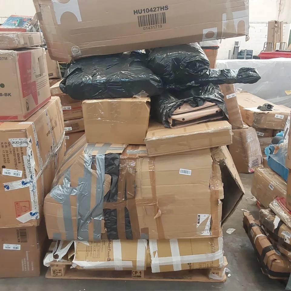 PALLET OF ASSORTED RAW HOUSEHOLD PRODUCTS AND FURNITURE PARTS 