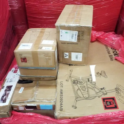 PALLET CONTAINING ASSORTED PRODUCTS INCLUDING EXERCISE  BIKE, ADJUSTABLE KETTLEBELL, MANHOLE COVER & LAMINATE FLOORING TILES 