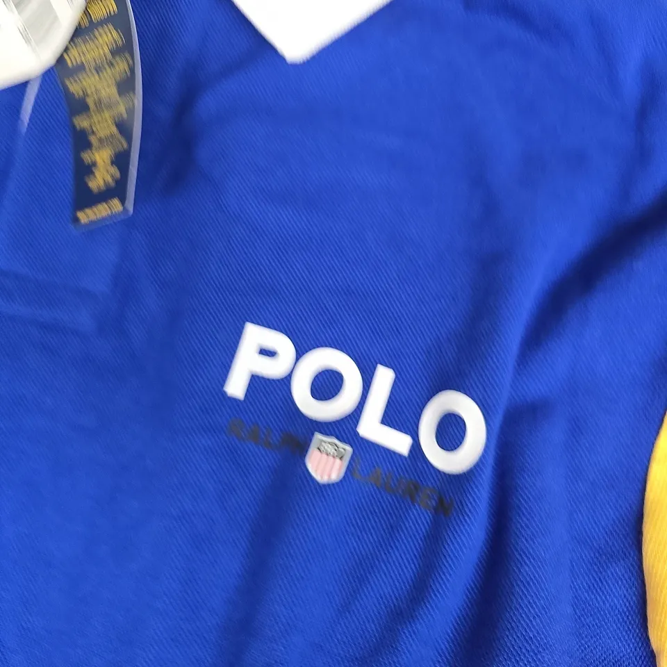 POLO RALPH LAUREN POLO SHIRT – ROYAL BLUE, COLOUR-BLOCK SLEEVES, MEN’S XL