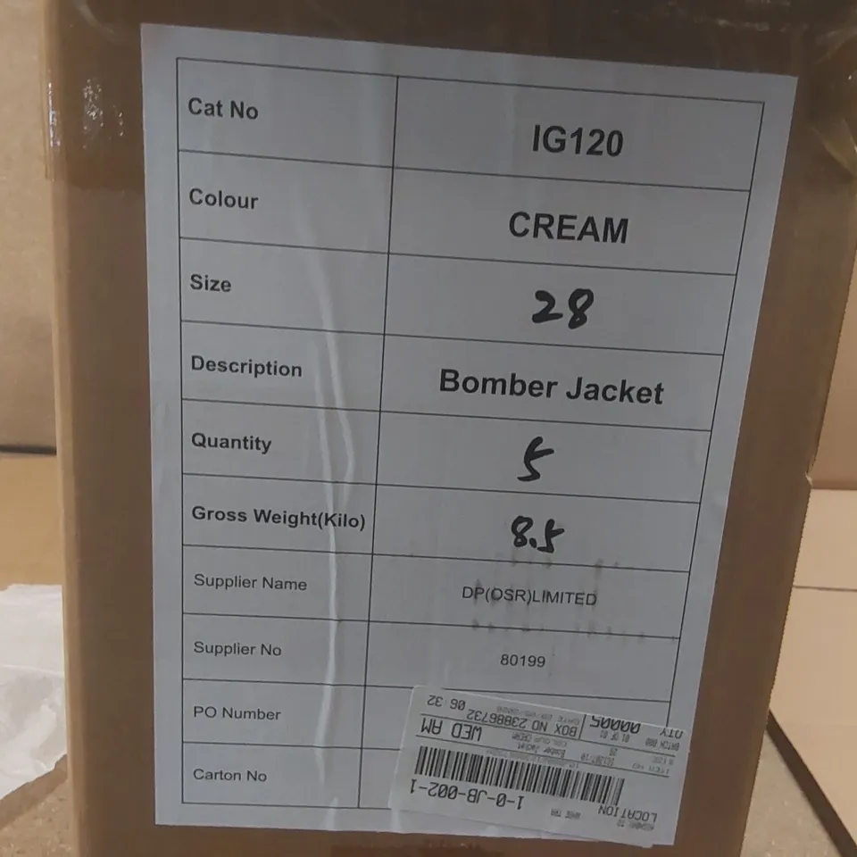 BOX CONTAINING APPROXIMATELY 5x BRAND NEW JD WILLIAMS CREAM BOMBER JACKETS - SIZE 28