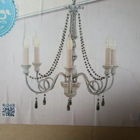 BOXED EGLO VINTAGE COLCHESTER 6 LIGHT CHANDELIER IN ANTIQUE TAUPE GREY & WOOD