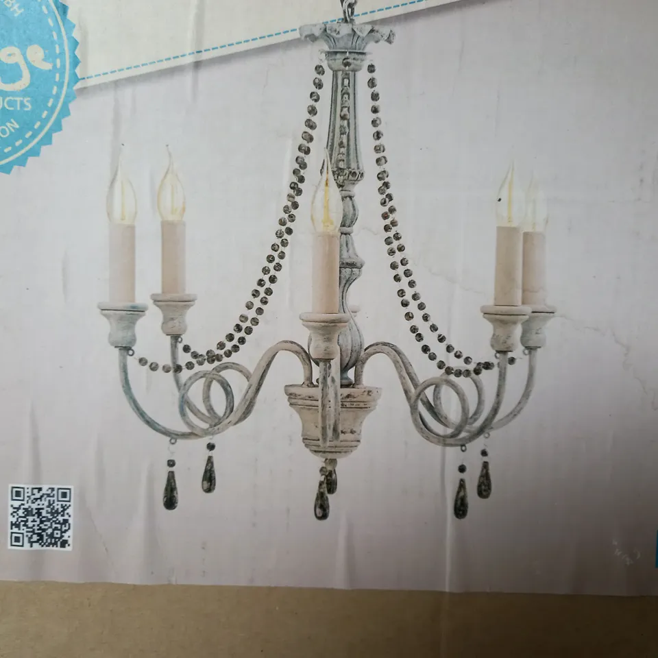 BOXED EGLO VINTAGE COLCHESTER 6 LIGHT CHANDELIER IN ANTIQUE TAUPE GREY & WOOD