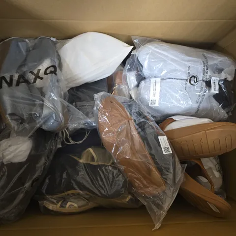BOX OF APPROXIMATELY 12 PAIRS OF ASSORTED SHOES IN VARIOUS COLOUR, STYLES AND SIZES