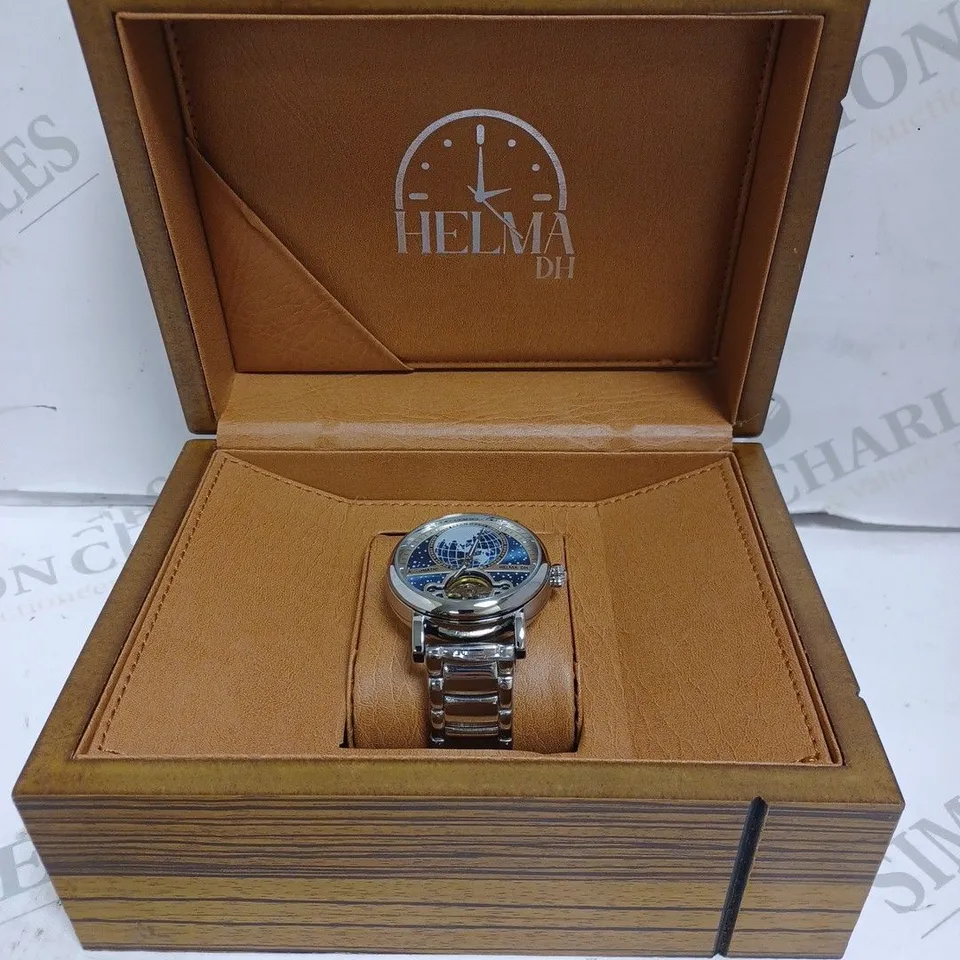 MENS HELMA DH AUTOMATIC WATCH – WORLD VIEW DIAL – OPEN HEART MOVEMENT WITH GLASS EXHIBITION BACK CASE – STAINLESS STEEL STRAP – LUXURY GIFT BOX INCLUDED