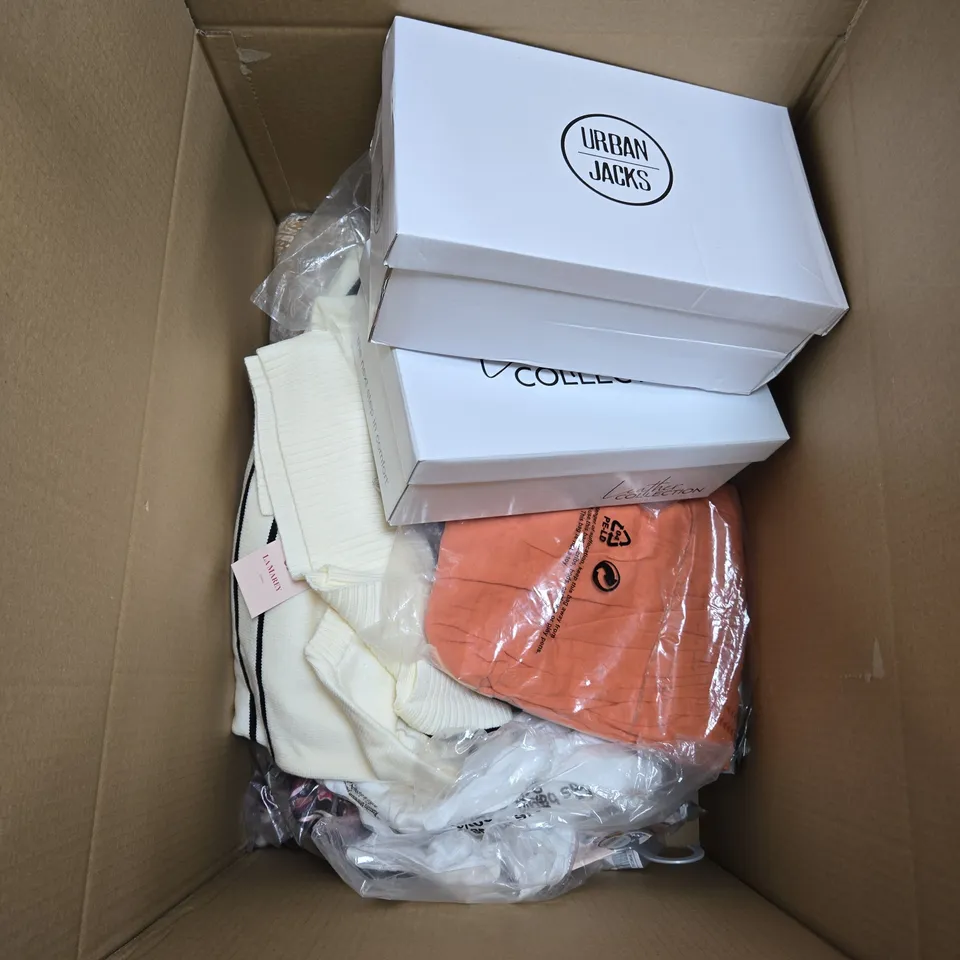 BOX OF APPROXIMATELY 10 ASSORTED CLOTHES AND SHOES IN VARIOUS SIZES, COLOURS AND STYLES