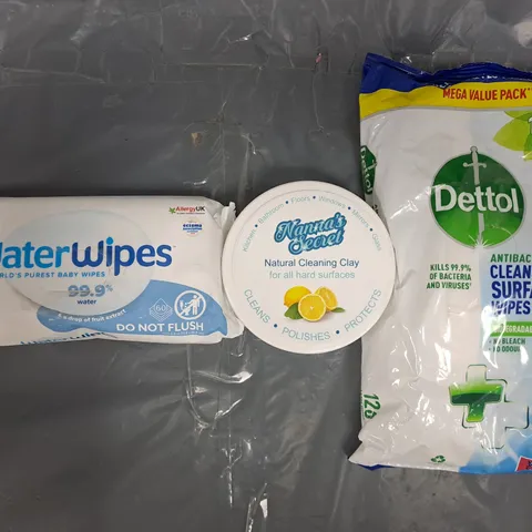 APPROXIMATELY 10 ASSORTED HOUSEHOLD ITEMS TO INCLUDE DETTOL SURFACE WIPES, NATURAL CLEANING CLAY, WATER WIPES, ETC