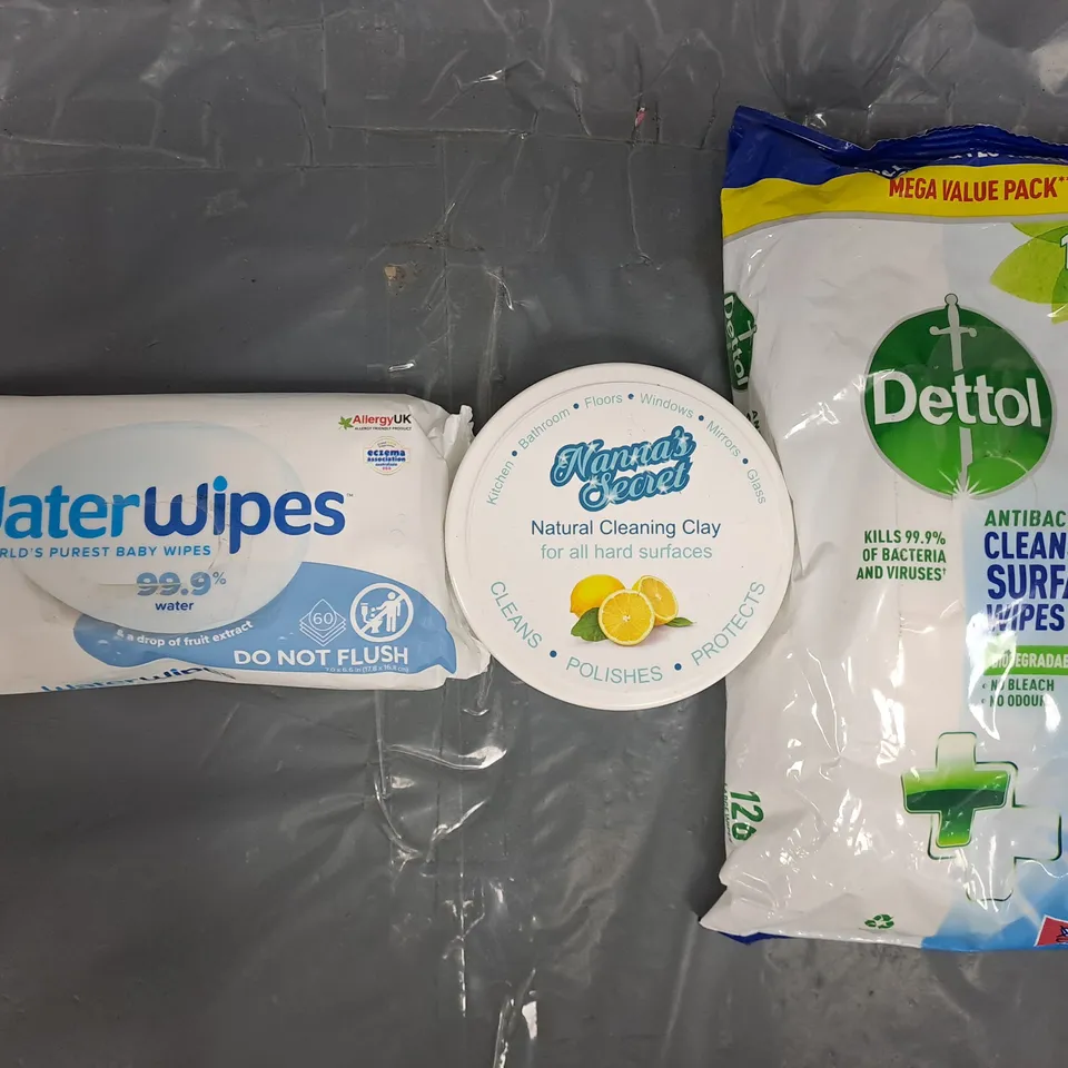 APPROXIMATELY 10 ASSORTED HOUSEHOLD ITEMS TO INCLUDE DETTOL SURFACE WIPES, NATURAL CLEANING CLAY, WATER WIPES, ETC