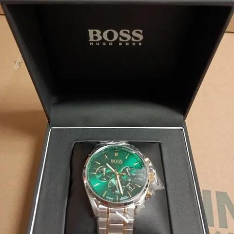 BOXED HUGO BOSS WATCH WITH GREEN CHRONOGRAPH DIAL – TWO-TONE STAINLESS STEEL BRACELET