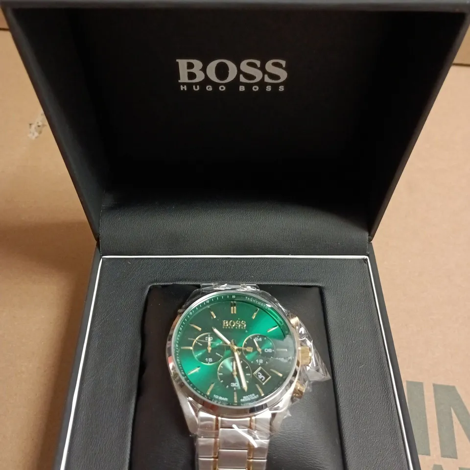 BOXED HUGO BOSS WATCH WITH GREEN CHRONOGRAPH DIAL – TWO-TONE STAINLESS STEEL BRACELET