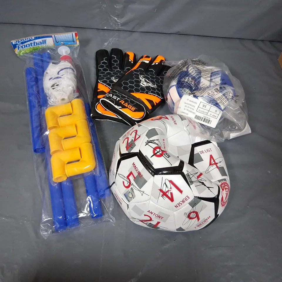FOUR ASSORTED FOOTBALL PRODUCTS TO INCLUDE; SMALL GOAL, BEAST RAGE GLOVES, MANCHESTER UNITED FOOTBALL SIZE 5