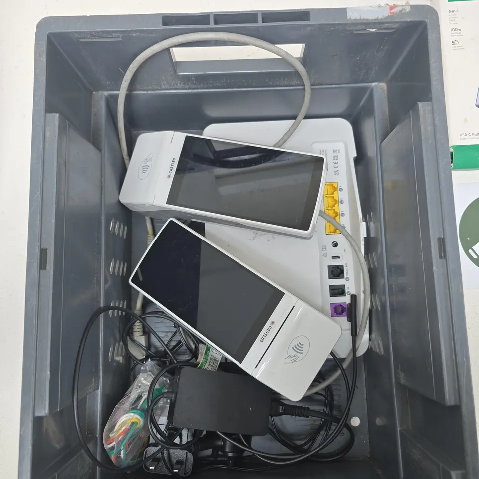 TOTE OF ASSORTED ELECTRICAL ITEMS TO INCLUDE; CARD READER/S, WIFI HUB/S, POWER CABLES.