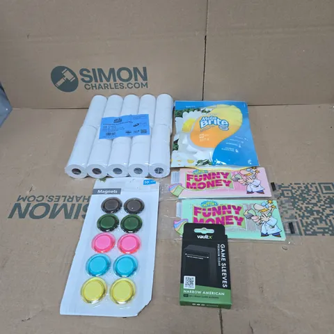 TOTE OF APPROXIMATELY 12 ASSORTED HOUSEHOLD ITEMS TO INCLUDE TILL RECEIPT ROLLS, MAGNETS, MELA BRITE COLOUR SAFE WHITENER ETC