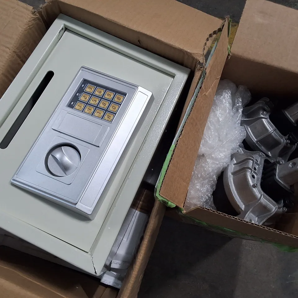 PALLET OF ASSORTED ITEMS TO COMBINATION SAFE, FLAT PACK FURNITURE AND BOXED SWING CHAIR