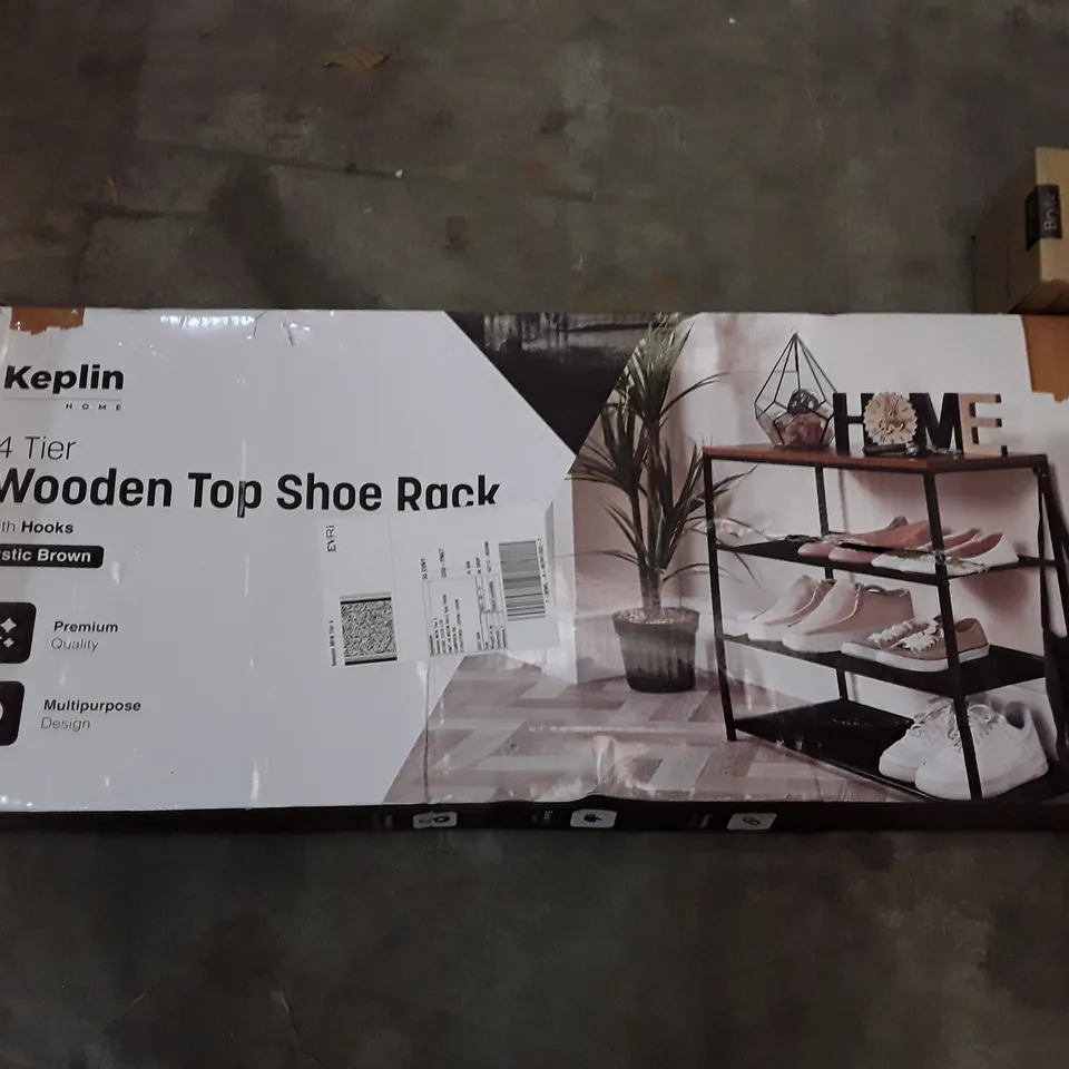 BOXED KEPLIN 4 TIER WOODEN TOP SHOE RACK - RUSTIC BROWN 