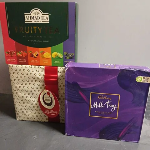 TOTE OF APPROX 3 ASSORTED FOOD ITEMS TO INCLUDE - CADBURY MILK TRAY , AHMAD TEA FRUITY , LILY O BRIENS 