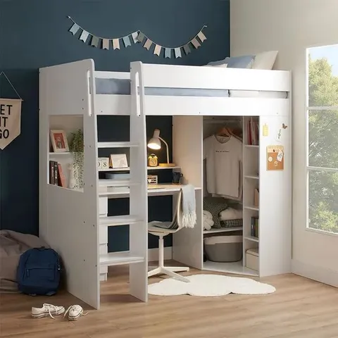 BOXED HARPER HIGH SLEEPER BED FRAME WITH DESK WARDROBE AND STORAGE WHITE ( 4 BOXES )