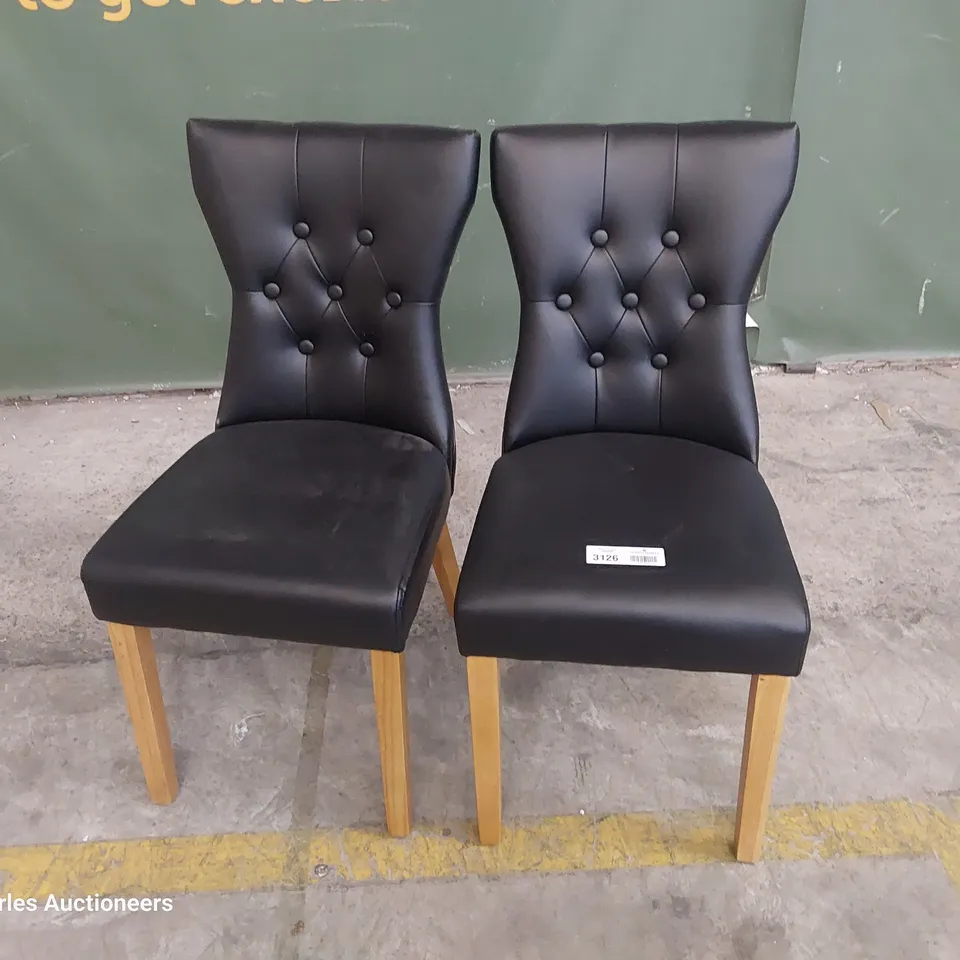PAIR OF UPHOLSTERED BUTTONED BACK DINING CHAIRS BLACK PU ON NATURAL WOOD LEGS 